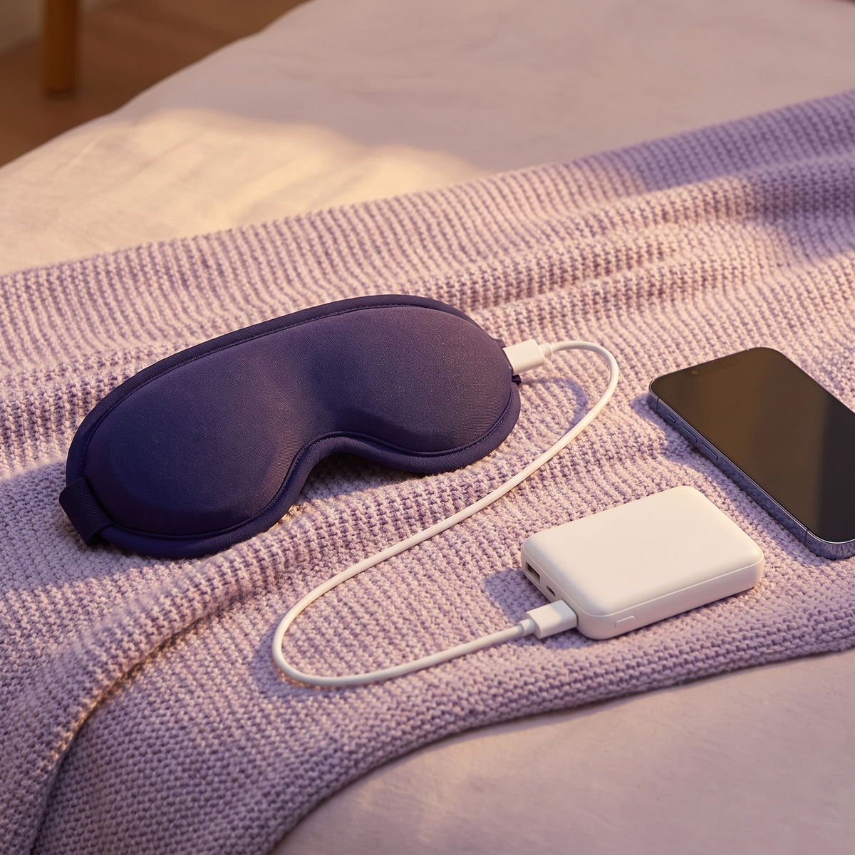 Masque Soirelle branché en USB sur une batterie externe